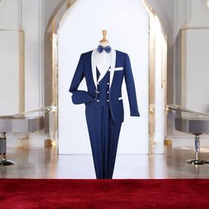 MEN'S ROYAL DIAMOND BLUE & WHITE 1 BUTTON SHAWL TUXEDO WITH WHITE ACCENTS. TU-2.